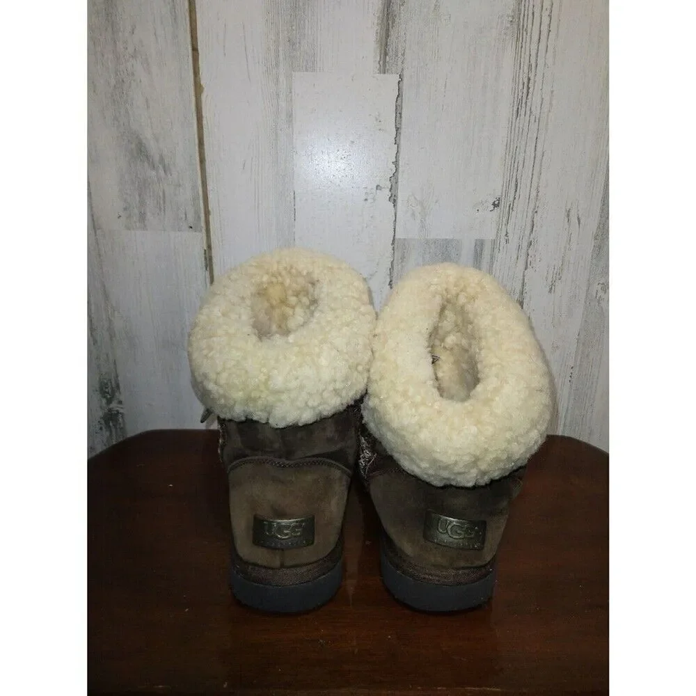 UGG Metro Tas Espresso Brown Suede Shearling Ankle Boots Fur Cuff Boots 7 5677